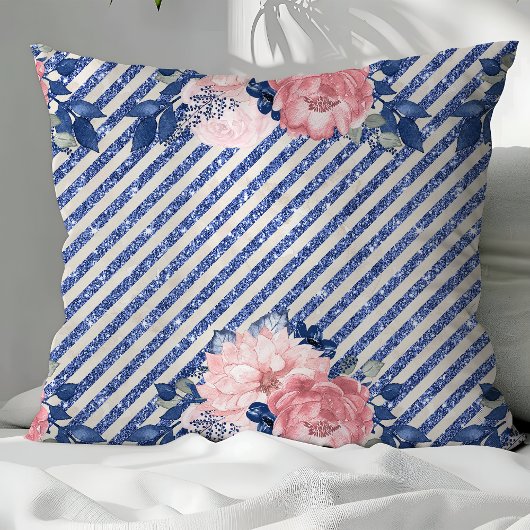 赤面ピンクとネイビーグリッターストライプフローラ クッション