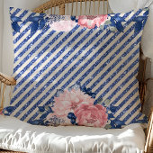 赤面ピンクとネイビーグリッターストライプフローラ クッション