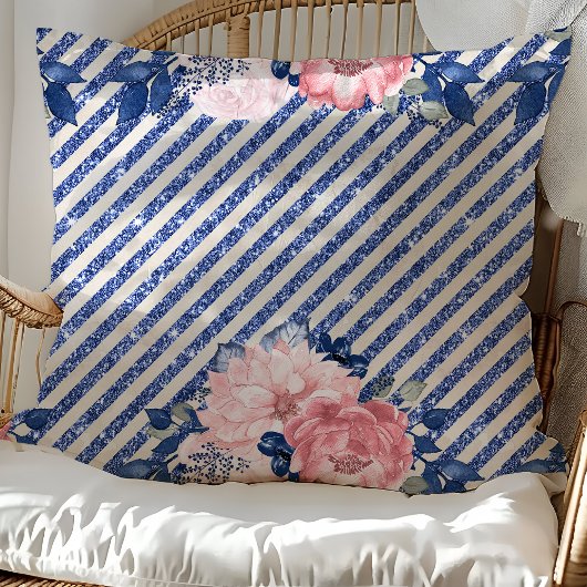 赤面ピンクとネイビーグリッターストライプフローラ クッション