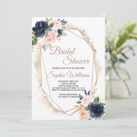 赤面ピンクとネイビーブライダルシャワーへの招待 招待状 (スタンド正面)