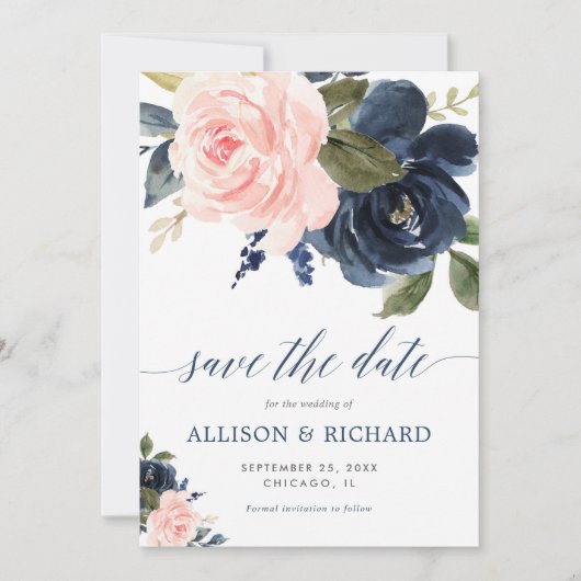 赤面ピンクとネイビーブルーのフローラは日付を保存 招待状 (正面)