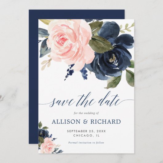 赤面ピンクとネイビーブルーのフローラは日付を保存 招待状 (正面/裏面)