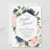 赤面ピンクとネイビーブルーのフローラブライダルシャワー 招待状 (正面)
