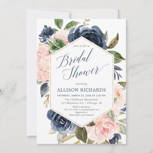 赤面ピンクとネイビーブルーのフローラブライダルシャワー 招待状 (正面)