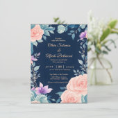 赤面ピンクとネイビーブルーのフローラモダン 招待状 (スタンド正面)