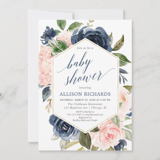赤面ピンクとネイビーブルーの女の子の赤ちゃんシャワーフローラ 招待状 (正面)