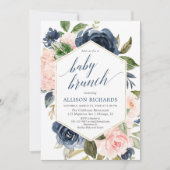 赤面ピンクとネイビーブルーガールベビーブランチのシャワー 招待状 (正面)