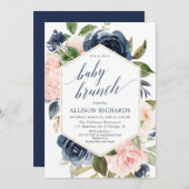 赤面ピンクとネイビーブルーガールベビーブランチのシャワー 招待状 (正面/裏面)