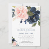 赤面ピンクとネイビーブルーバラボホ結婚ズ 招待状 (正面)