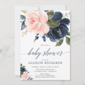 赤面ピンクとネイビーブルーフローラガールベビーシャワー 招待状 (正面)