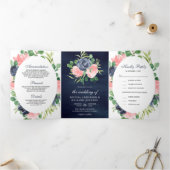 赤面ピンクとネイビーブルーフローラ3 結婚 in 1 三つ折り招待状 (内部)