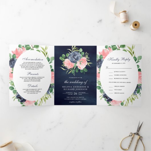 赤面ピンクとネイビーブルーフローラ3 結婚 in 1 三つ折り招待状 (内部)