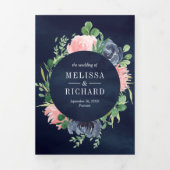 赤面ピンクとネイビーブルーフローラ3 結婚 in 1 三つ折り招待状 (カバー)