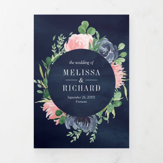 赤面ピンクとネイビーブルーフローラ3 結婚 in 1 三つ折り招待状 (カバー)