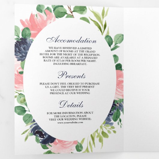 赤面ピンクとネイビーブルーフローラ3 結婚 in 1 三つ折り招待状 (内部最初)