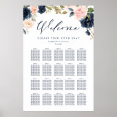 赤面ピンクとネイビー結婚ブルーのフローラ ポスター (正面)