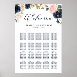 赤面ピンクとネイビー結婚ブルーのフローラ ポスター