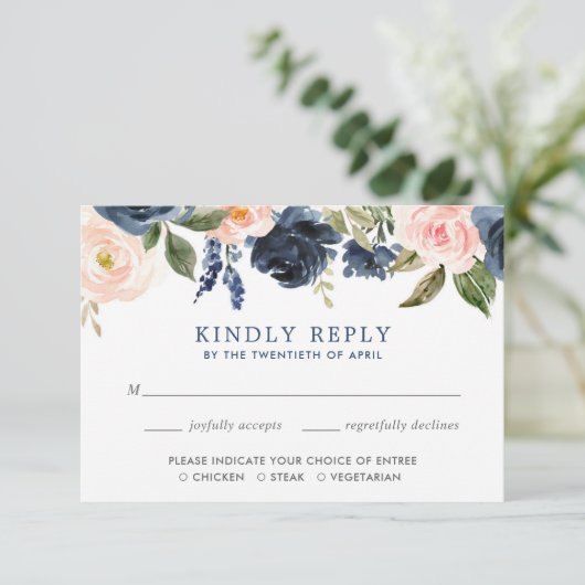 赤面ピンクとネイビー青フローラ水色RSVP 招待状 (スタンド正面)