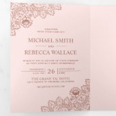 赤面ピンクとバラの金ゴールド結婚レースの写真 三つ折り招待状 (内部最初)