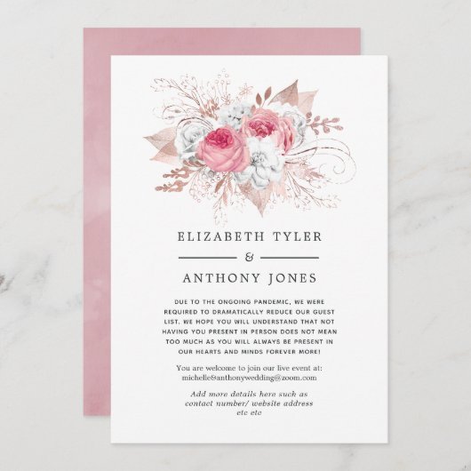 赤面ピンクとバラ金ゴールドのフローラ減らのゲストリスト 案内状 (正面/裏面)