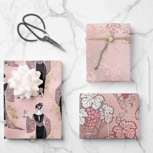 赤面ピンクとバラ金ゴールドパリビンロゼ ラッピングペーパーシート (正面)