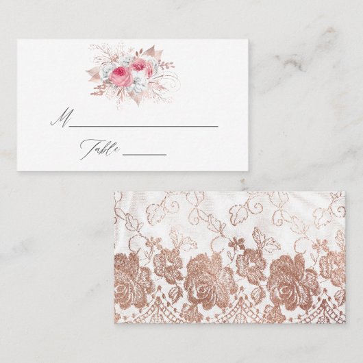 赤面ピンクとバラ金ゴールドフローラとレース結婚ズ プレイスカード (正面/裏面)