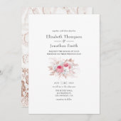 赤面ピンクとバラ金ゴールドフローラとレース結婚ズ 招待状 (正面/裏面)