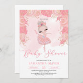 赤面ピンクとバラ金ゴールドフローラトゥーベビーシャワー 招待状 (正面/裏面)