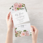 赤面ピンクとバラ金ゴールドフローラベビーシャワー オールインワン招待状 (貼ってはがせる)