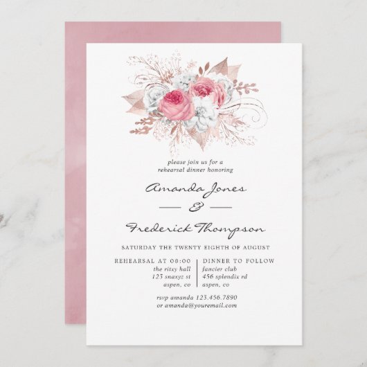 赤面ピンクとバラ金ゴールドフローラリハーサルディナー 招待状 (正面/裏面)