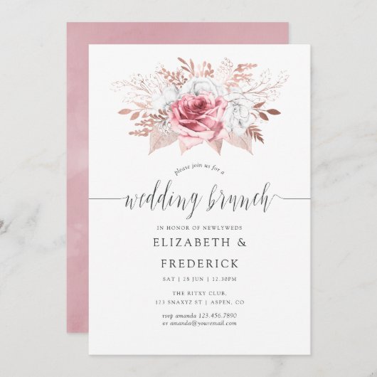 赤面ピンクとバラ金ゴールド結婚フローラブランチ 招待状 (正面/裏面)