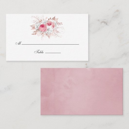 赤面ピンクとバラ金ゴールド結婚フローラ プレイスカード (正面/裏面)