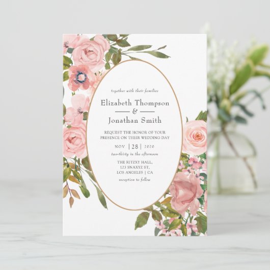 赤面ピンクとバラ金ゴールド結婚フローラ 招待状 (スタンド正面)