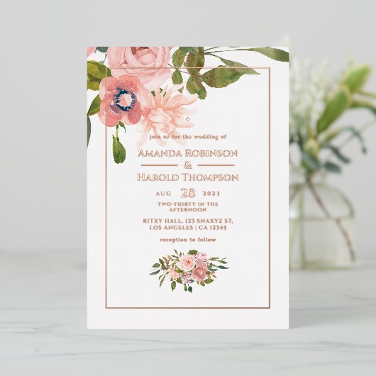 赤面ピンクとバラ金ゴールド結婚フローラ 箔招待状 (立ち正面)