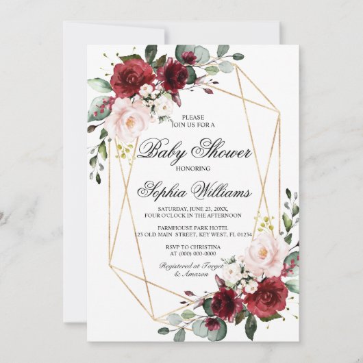 赤面ピンクとバーガンディバラベビーシャワー 招待状 (正面)