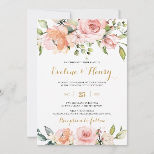 赤面ピンクとピーチフローラと金ゴールドボホ結婚ズ 招待状 (正面)