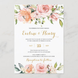 赤面ピンクとピーチフローラと金ゴールドボホ結婚ズ 招待状