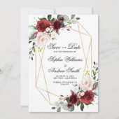 赤面ピンクとブルゴーニュのバラ日付を保存 招待状 (正面)