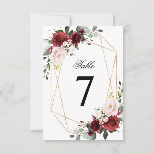 赤面ピンクとブルゴーニュのバラ結婚のテーブル番号 招待状 (正面)