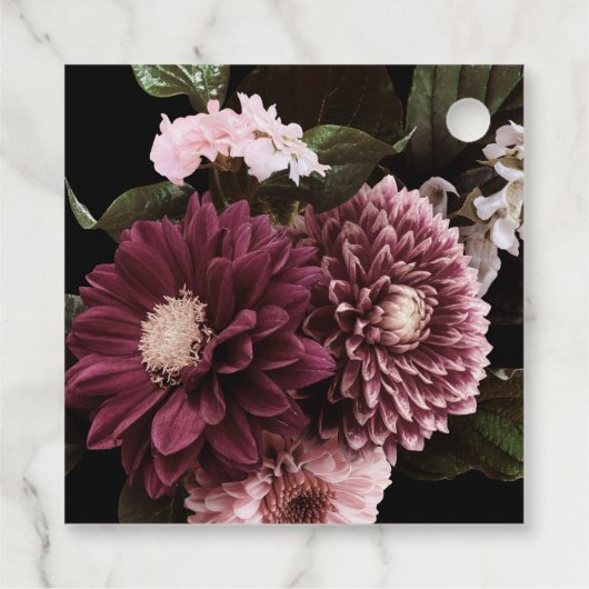 赤面ピンクとブルゴーニュのフローラオン結婚ブラック フェイバータグ (裏面)