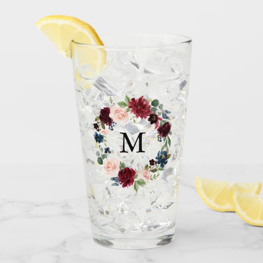 赤面ピンクとブルゴーニュのフローラリースモノグラム タンブラーグラス (アイス正面)
