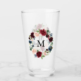 赤面ピンクとブルゴーニュのフローラリースモノグラム タンブラーグラス
