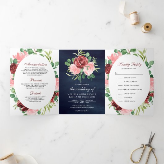 赤面ピンクとブルゴーニュのフローラ3 結婚 in 1 Navy 三つ折り招待状 (内部)