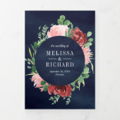 赤面ピンクとブルゴーニュのフローラ3 結婚 in 1 Navy 三つ折り招待状 (カバー)