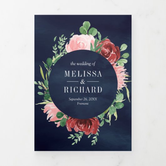赤面ピンクとブルゴーニュのフローラ3 結婚 in 1 Navy 三つ折り招待状 (カバー)