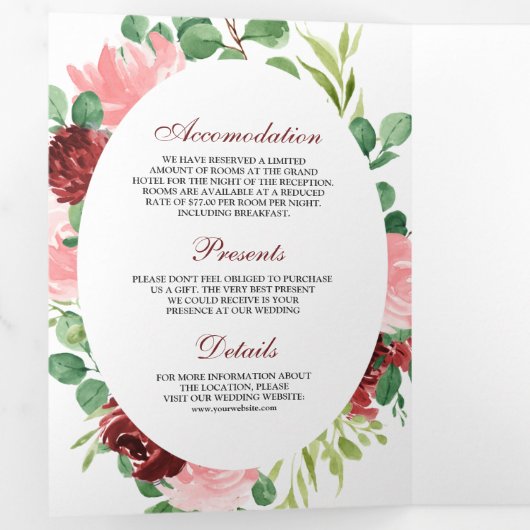 赤面ピンクとブルゴーニュのフローラ3 結婚 in 1 Navy 三つ折り招待状 (内部最初)