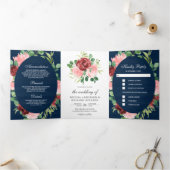 赤面ピンクとブルゴーニュフローラネイビーウッド結婚ズ 三つ折り招待状 (内部)