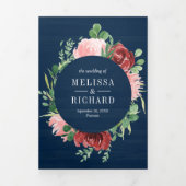 赤面ピンクとブルゴーニュフローラネイビーウッド結婚ズ 三つ折り招待状 (カバー)