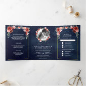 赤面ピンクとブルゴーニュフローラネイビーブルー結婚ズ 三つ折り招待状 (内部)