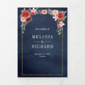 赤面ピンクとブルゴーニュフローラネイビーブルー結婚ズ 三つ折り招待状 (カバー)